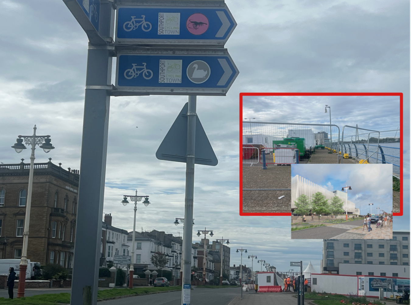 Seaside promenade with signposts and a red-framed collage of construction and modern buildings by the water.