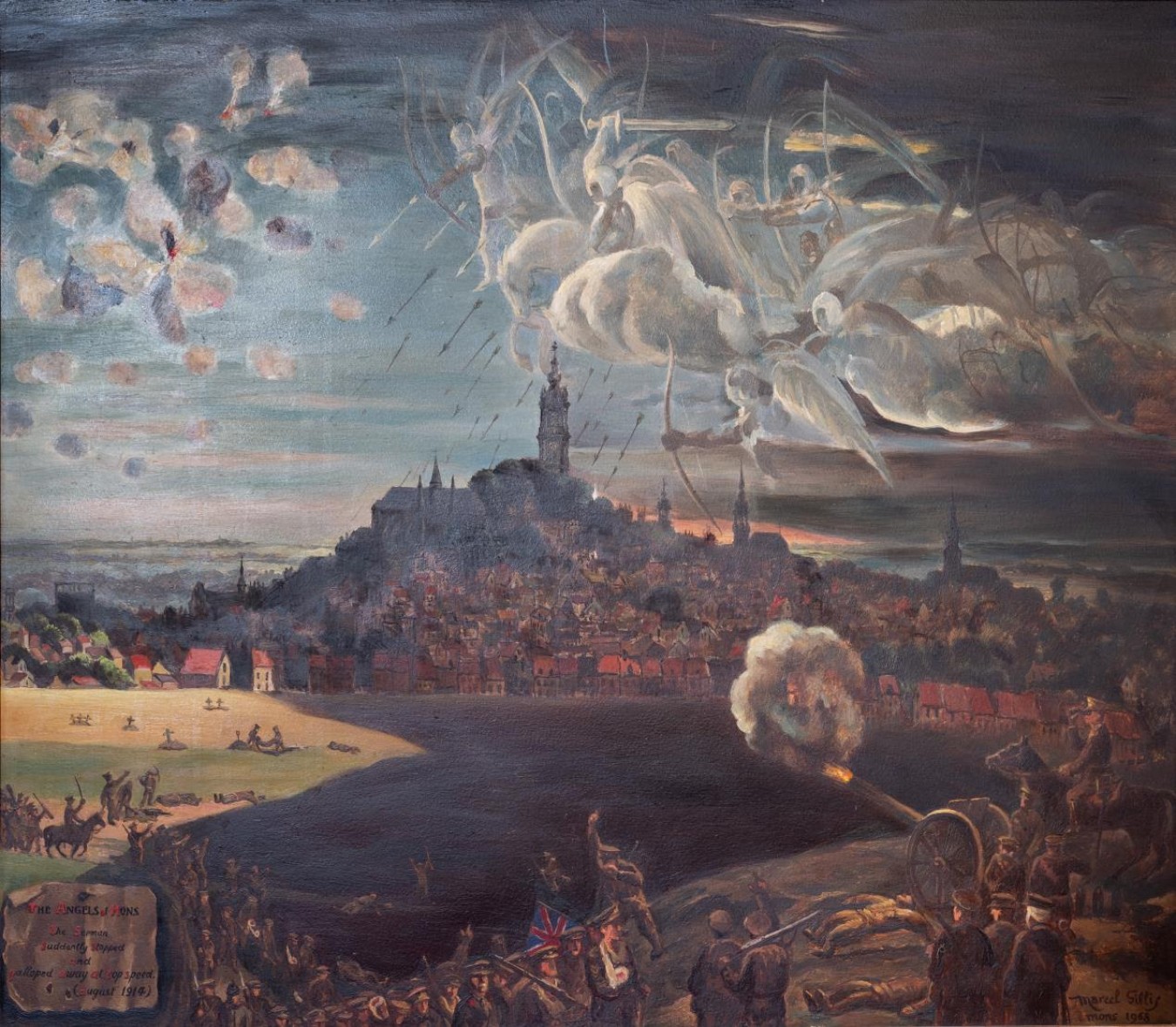 Large historical painting showing a battle around a hilltop town with smoke, cannons, and soldiers in foreground.