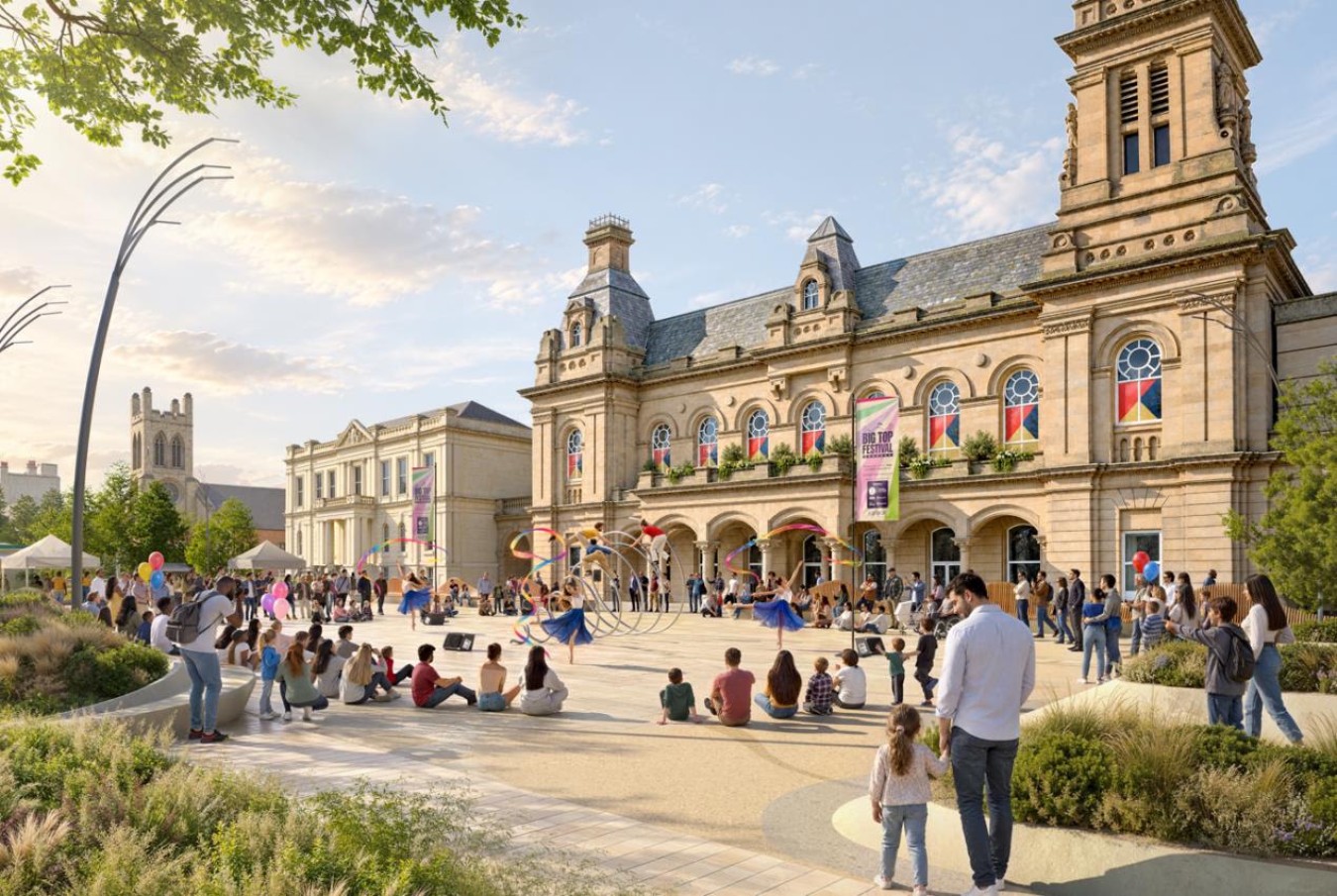A lively outdoor festival in a historic square with performers and audience around a central open space.