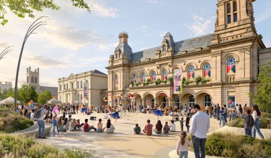 A lively outdoor festival in a historic square with performers and audience around a central open space.