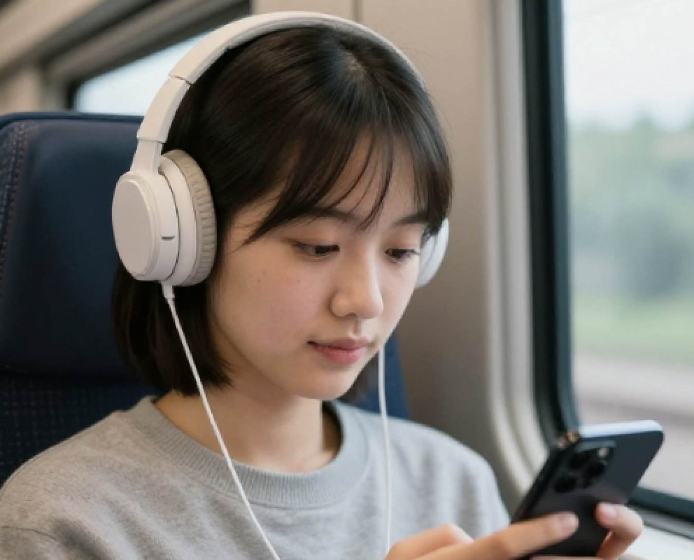 Young woman wearing large white headphones looking at smartphone on train