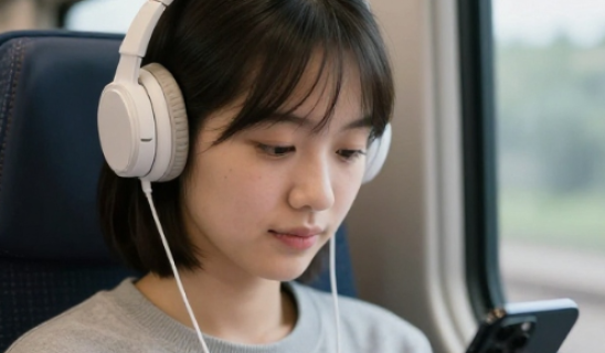 Young woman wearing large white headphones looking at smartphone on train
