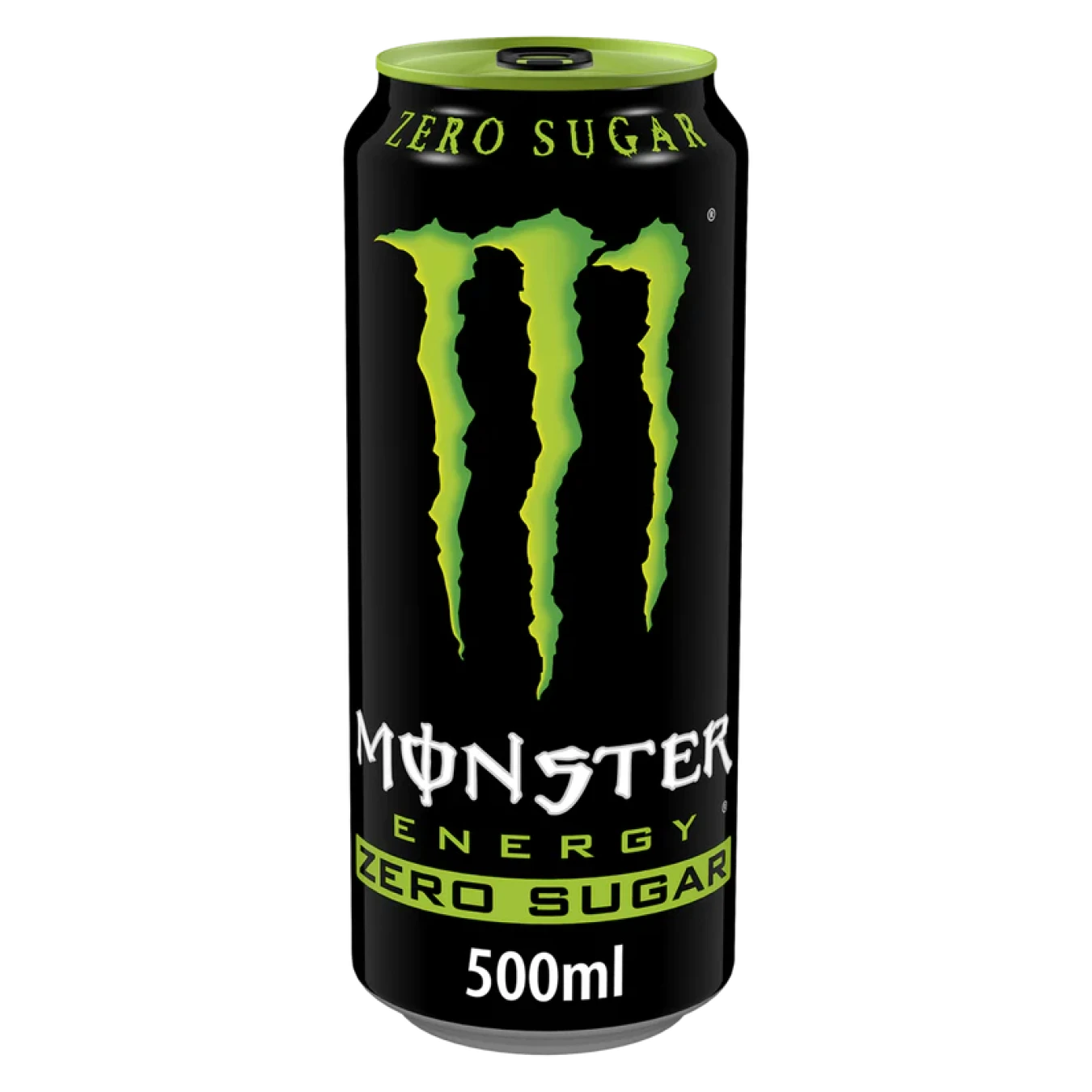 Can-sized energy drink with black can and green Monster logo, 500ml label.