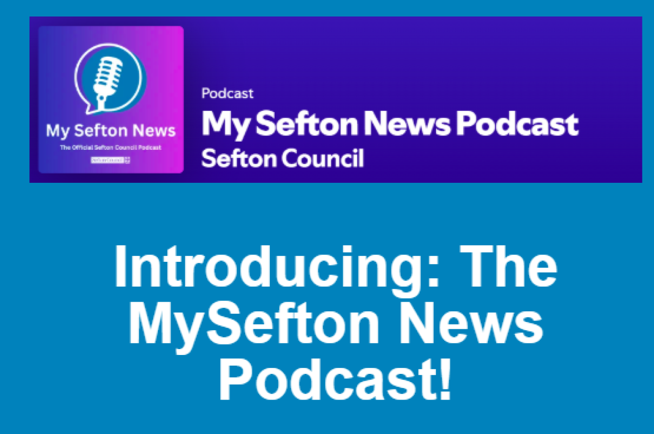 Banner with purple podcast logo and white text on blue background reading Introducing: The MySefton News Podcast!