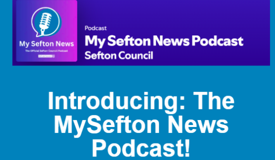 Banner with purple podcast logo and white text on blue background reading Introducing: The MySefton News Podcast!
