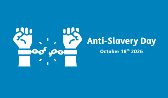 Graphic teal-blue image promoting Anti-Slavery Day with chained wrists and broken links illustration.