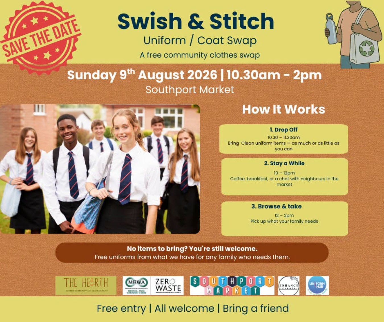 Swish & Stitch community clothes swap poster featuring a group of school students in uniform, with event details and how-it-works panels.