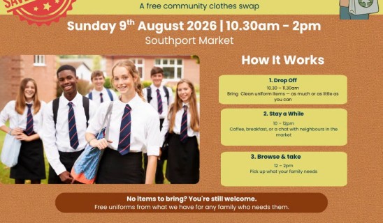 Swish & Stitch community clothes swap poster featuring a group of school students in uniform, with event details and how-it-works panels.