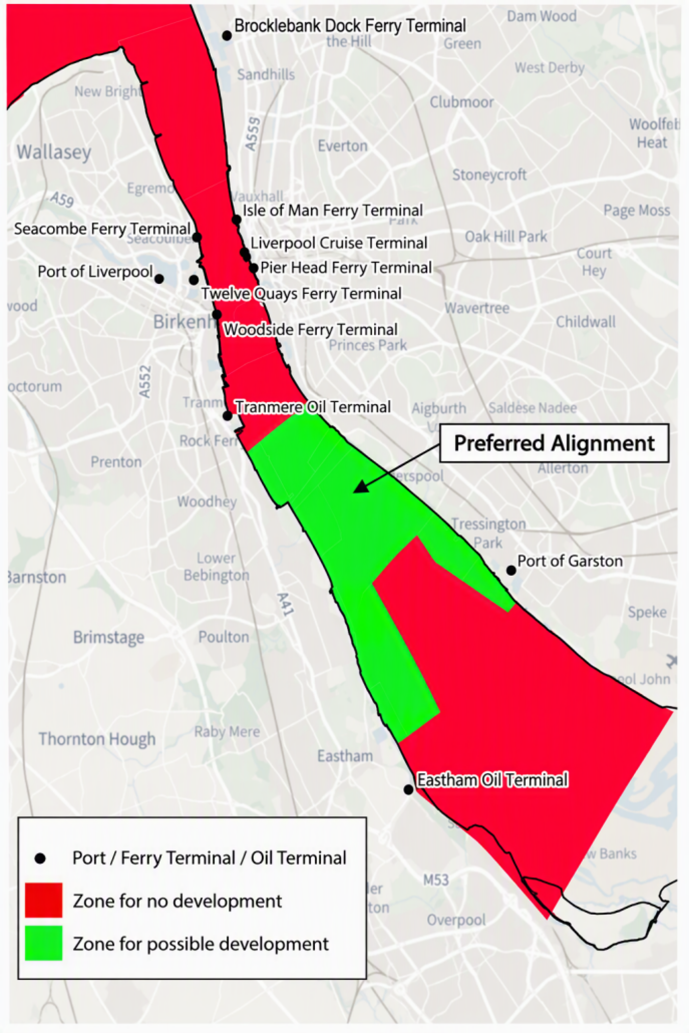 map showing Liverpool area with red zones of no development and green zones for possible development along the river.