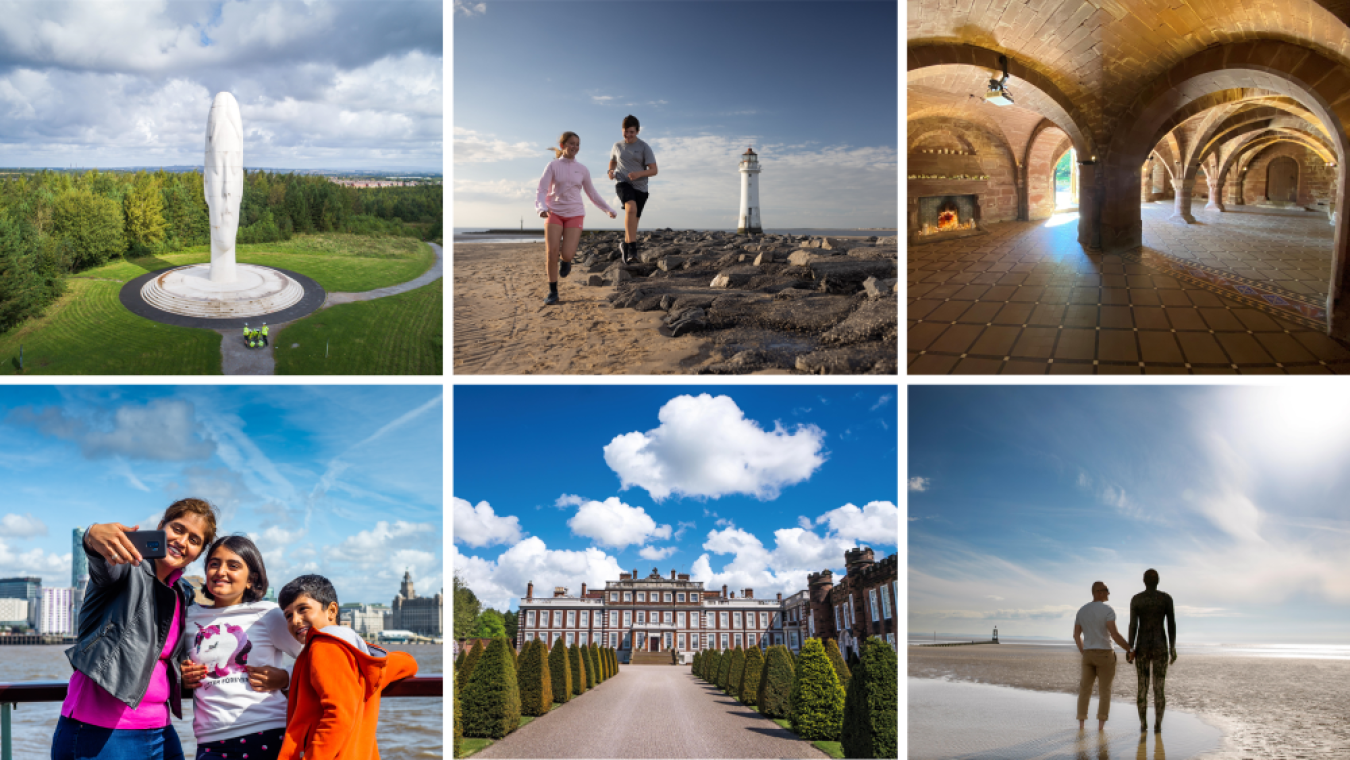 Various coastal and heritage sights: a rocket statue in a park, two people by a lighthouse on rocks, brick arched interior, friends taking a selfie, grand mansion with manicured gardens, couple walking along a beach with a distant lighthouse