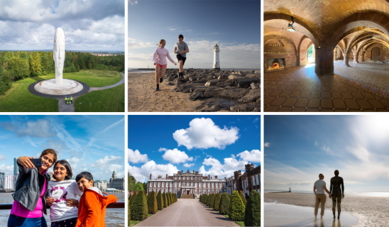 Various coastal and heritage sights: a rocket statue in a park, two people by a lighthouse on rocks, brick arched interior, friends taking a selfie, grand mansion with manicured gardens, couple walking along a beach with a distant lighthouse