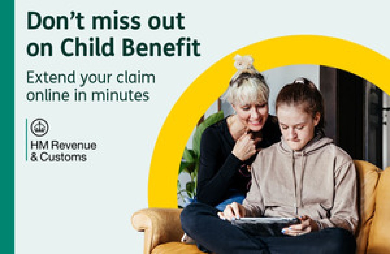 Two young women sit on a sofa looking at a tablet together, with a yellow circular design and text about Child Benefit.