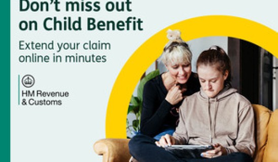 Two young women sit on a sofa looking at a tablet together, with a yellow circular design and text about Child Benefit.