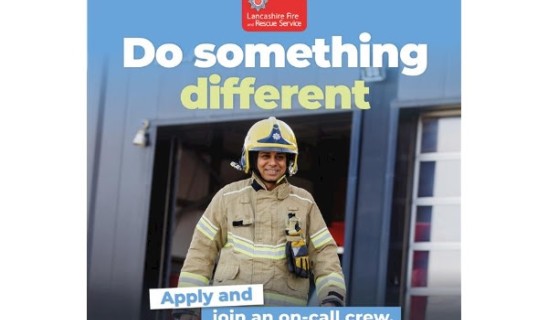 Firefighter in turnout gear standing outside, doorway behind, text 'Do something different' and 'Apply and join an on-call crew