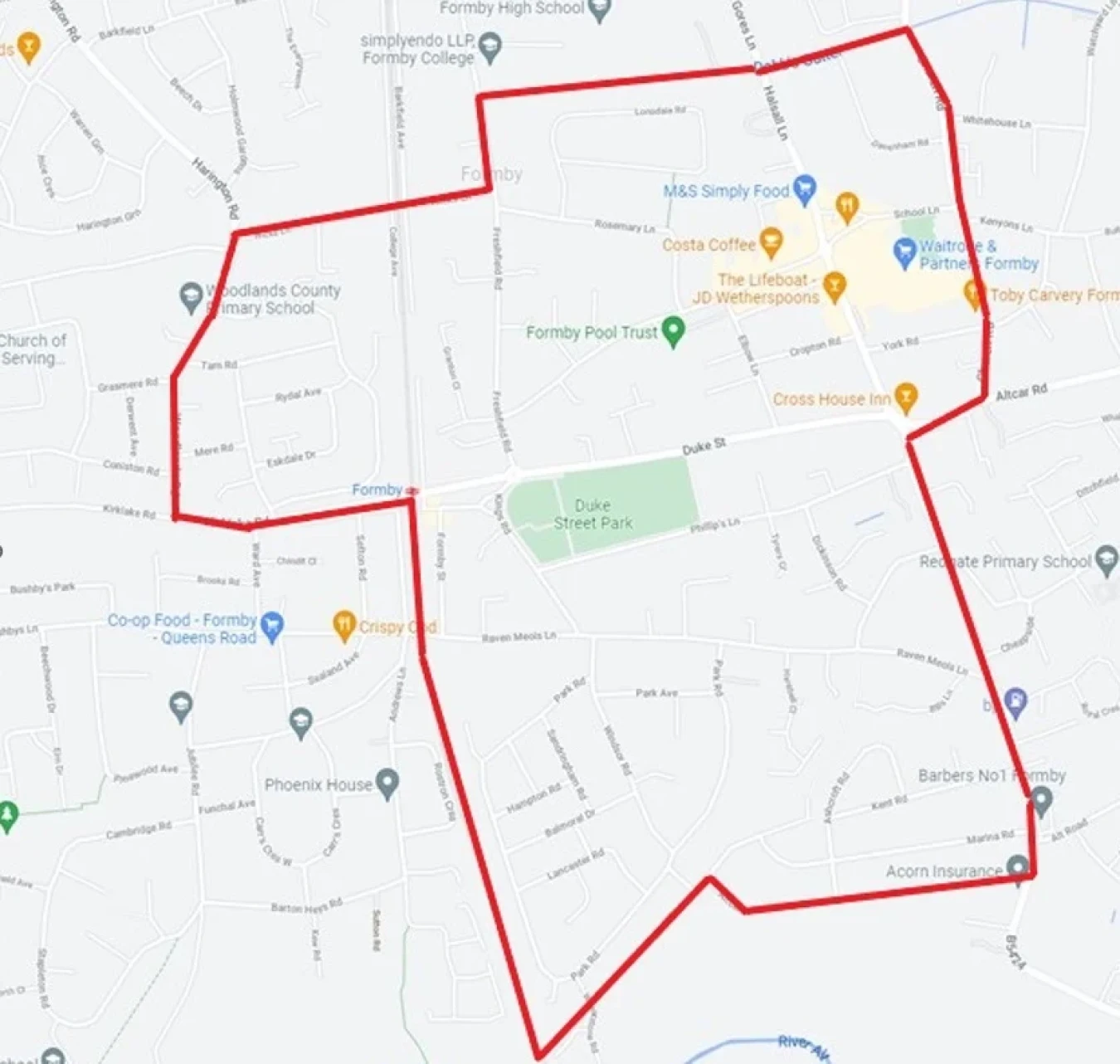 Map with a red outlined boundary over Formby area, showing streets and local landmarks.