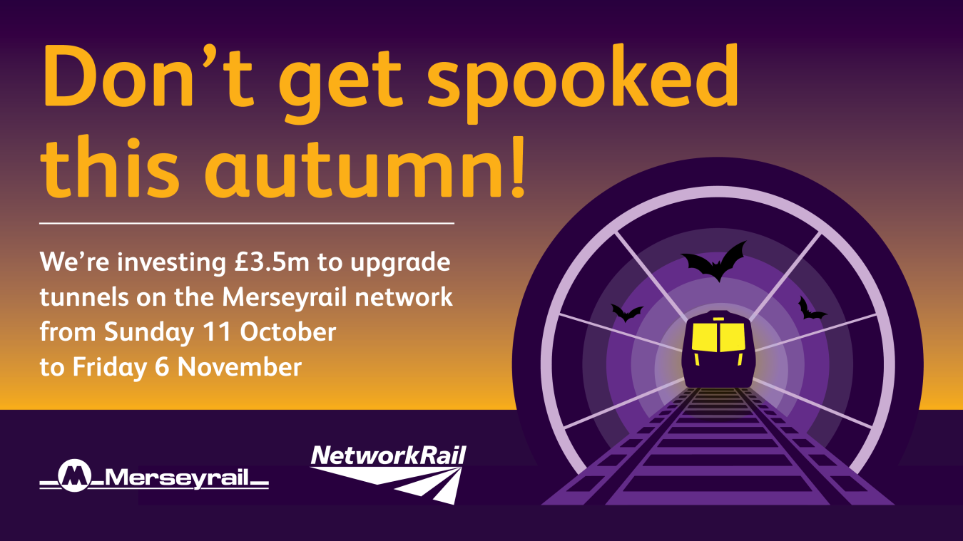 Graphic poster with purple tunnel and a train, bold orange headline about autumn upgrades
