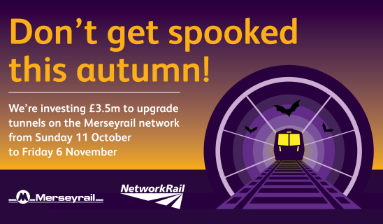 Graphic poster with purple tunnel and a train, bold orange headline about autumn upgrades