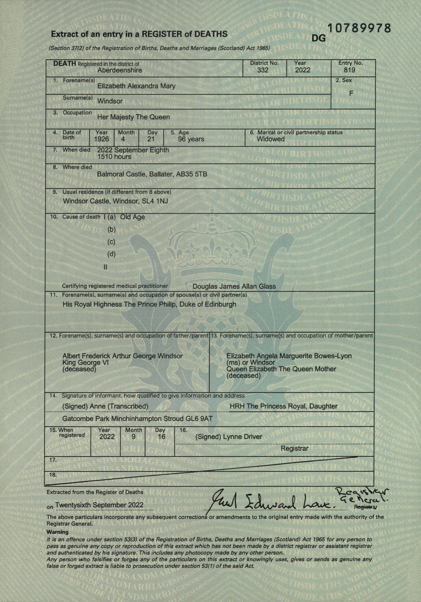 Queen death certificate