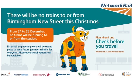 There will be no trains to or from Birmingham New Street this Christmas announcement with a cartoon bull mascot and travel advisory graphics