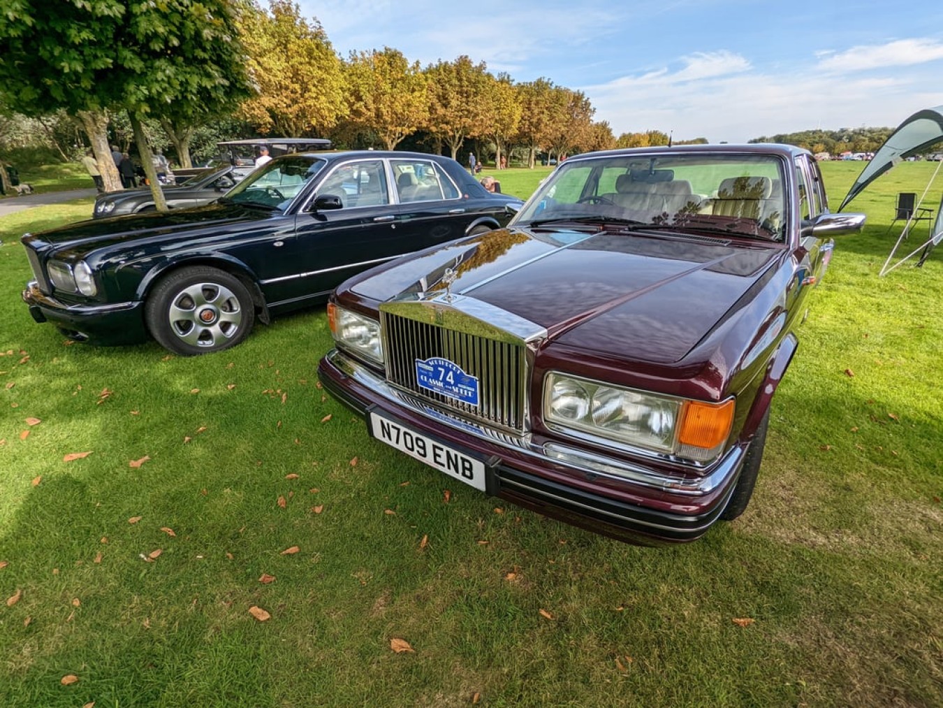 a couple of cars parked in a grassy field with trees in the background