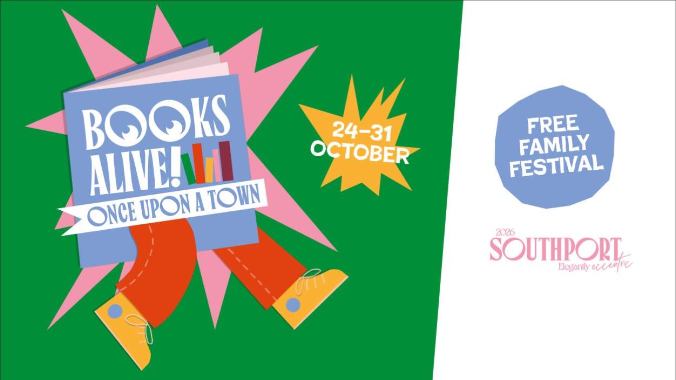 Bright poster with book-themed artwork and 80s style text promoting books alive event, 24–31 October, on green background with yellow starburst and free family festival logo on white panel.