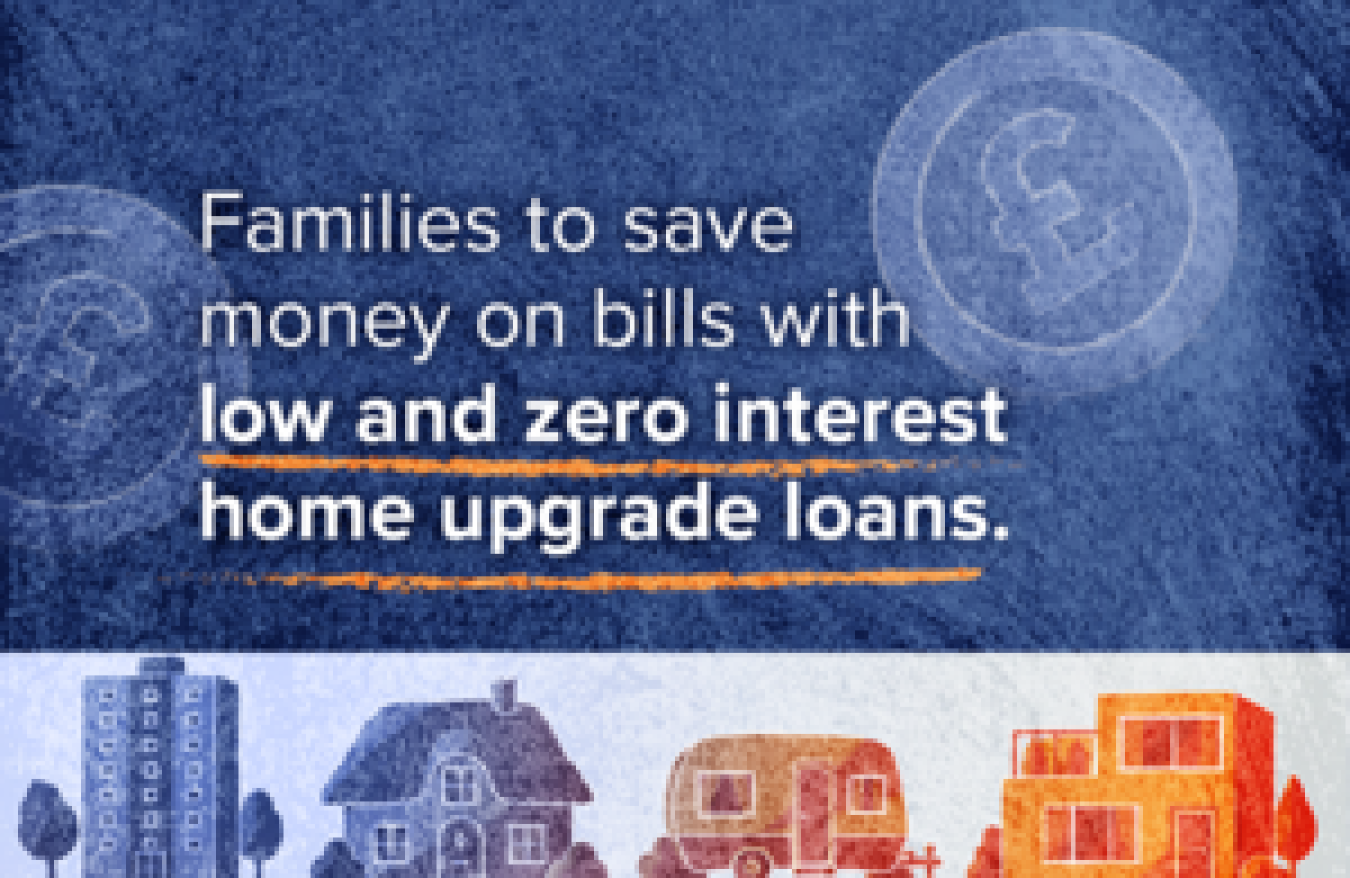 Banner showing blue textured background with text about saving money on bills with low and zero interest home upgrade and a row of colorful houses at the bottom.