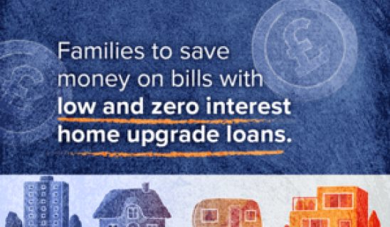 Banner showing blue textured background with text about saving money on bills with low and zero interest home upgrade and a row of colorful houses at the bottom.