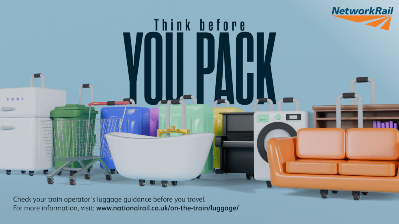 Think before you pack: assortment of luggage and home appliances lined up against a blue background.