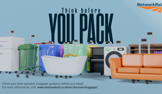 Think before you pack: assortment of luggage and home appliances lined up against a blue background.
