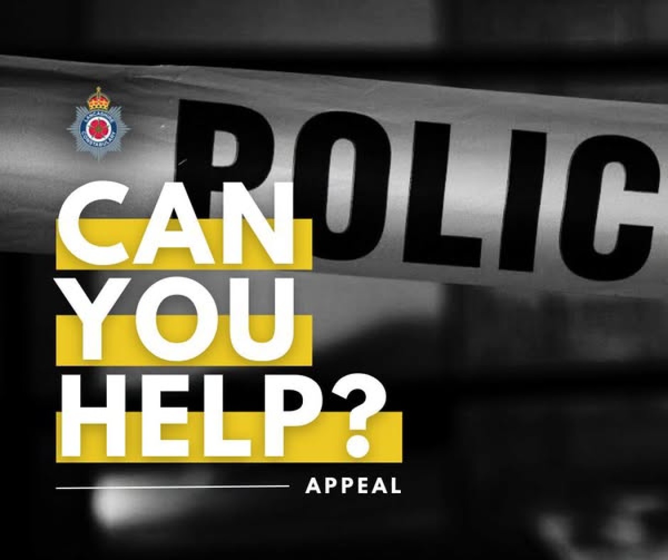 Appeal poster with 'CAN YOU HELP?' text over a police backdrop and small police crest in corner.