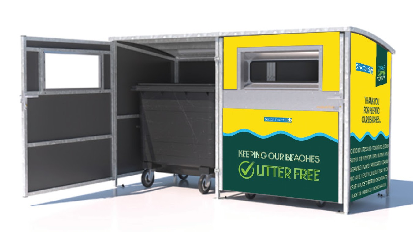 yellow and green beach litter bin with recycling window and opening, adjacent empty metal container