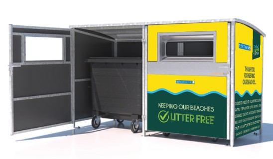 yellow and green beach litter bin with recycling window and opening, adjacent empty metal container