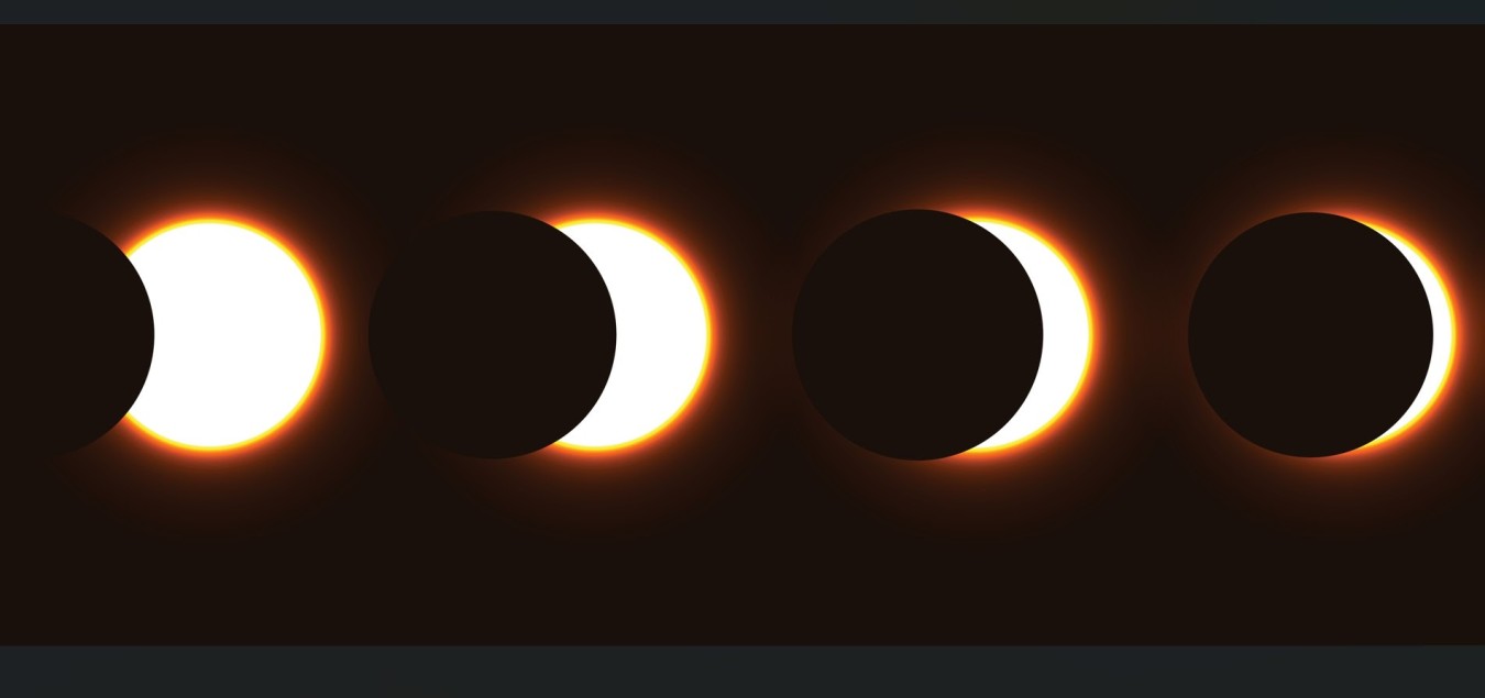 Eclipse sequence with sun partially obscured by circular silhouettes across a dark background
