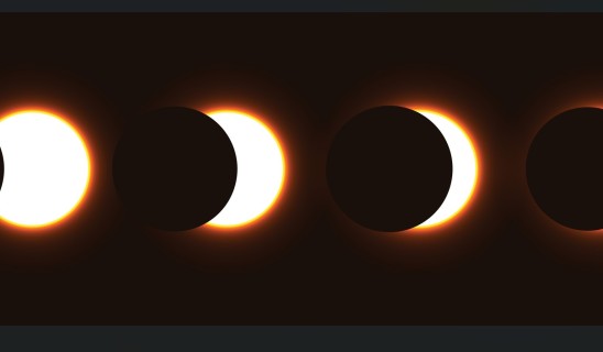 Eclipse sequence with sun partially obscured by circular silhouettes across a dark background