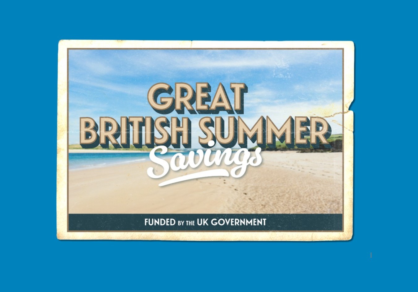 Old postcard-style beach scene with bold text reading Great British Summer Savings, blue background.