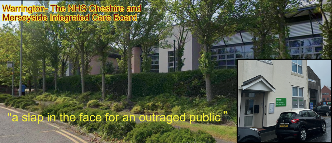 NHS Cheshire and Merseyside Integrated Care Board building frontage with trees and hedge, inset image of a beige building entrance with a green sign and parked cars.