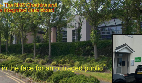 NHS Cheshire and Merseyside Integrated Care Board building frontage with trees and hedge, inset image of a beige building entrance with a green sign and parked cars.