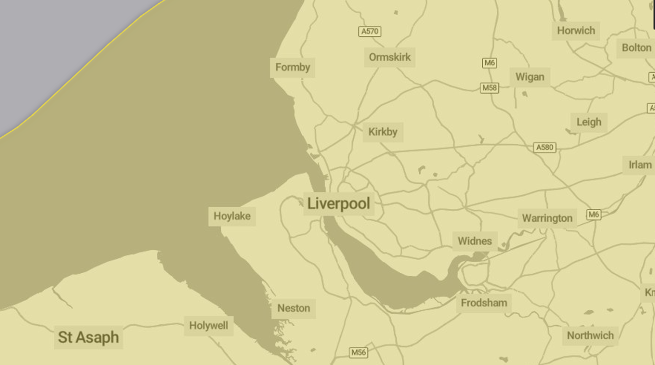 Map view of Merseyside area showing Liverpool and surrounding towns in beige tones.