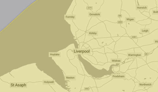 Map view of Merseyside area showing Liverpool and surrounding towns in beige tones.